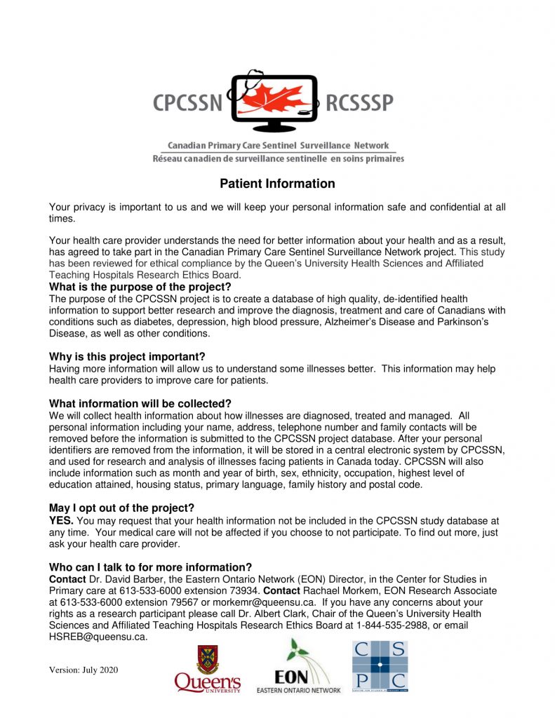 Canadian Primary Care Sentinel Surveillance Network (CPCSSN) Privacy Information